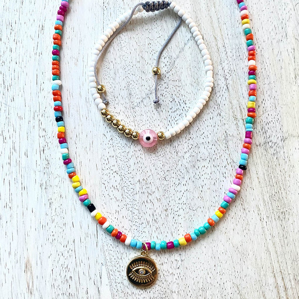 Evil Eye Rainbow Seed Bead Adjustable Necklace